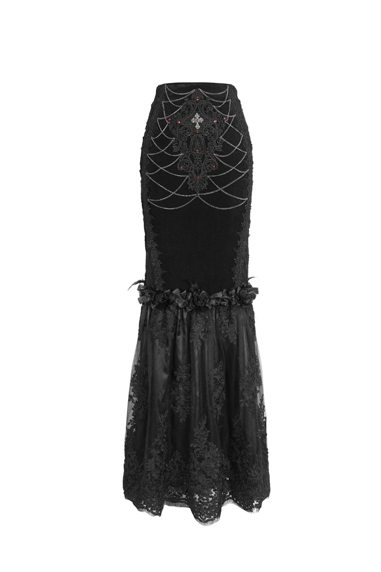 Black High Waisted Embroidery Stitching Lace Women's Gothic Skirt