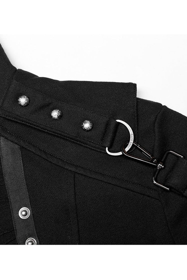 Black Punk Asymmetry High Collar Placket Metal Shoulder Detachable Webbing Men's Knitted Coat
