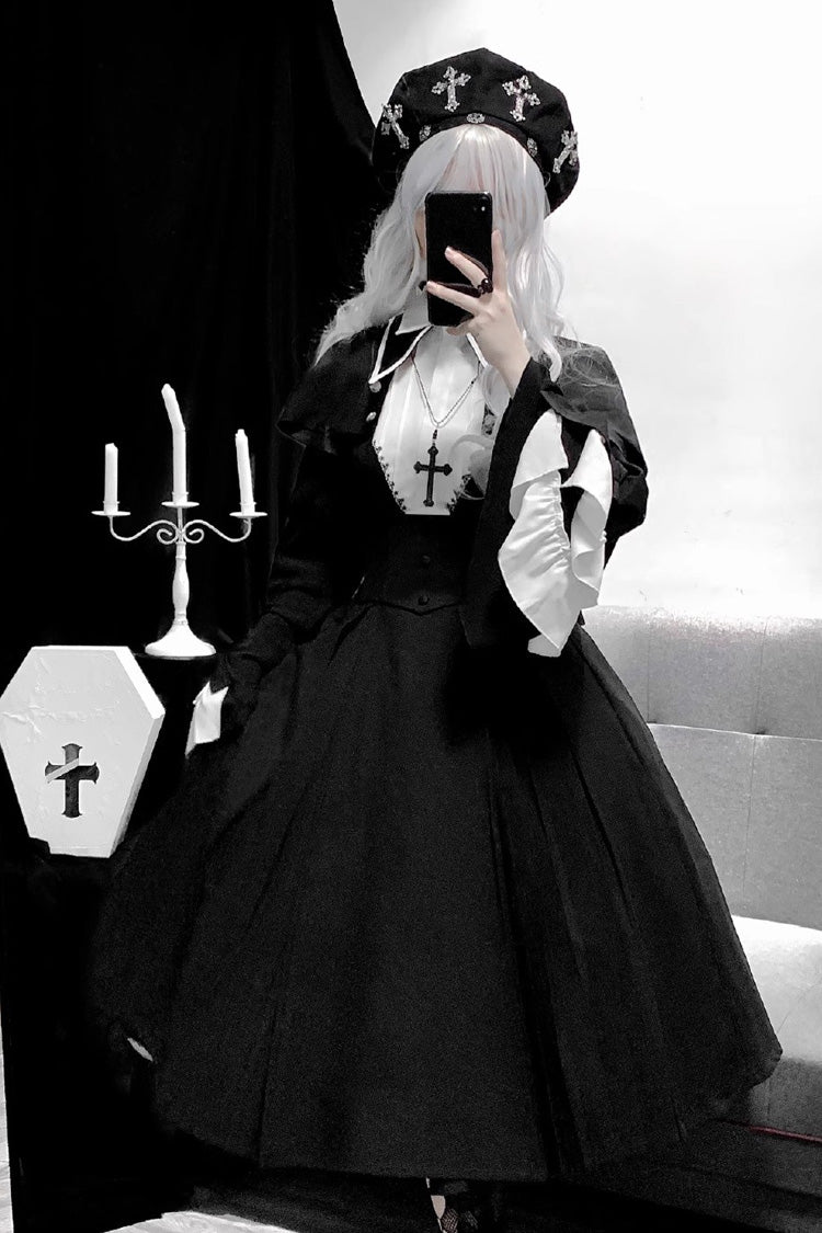 Black Cross Salute Nun Long Sleeves Ruffle Plus Size Gothic Lolita Strap Dress Set