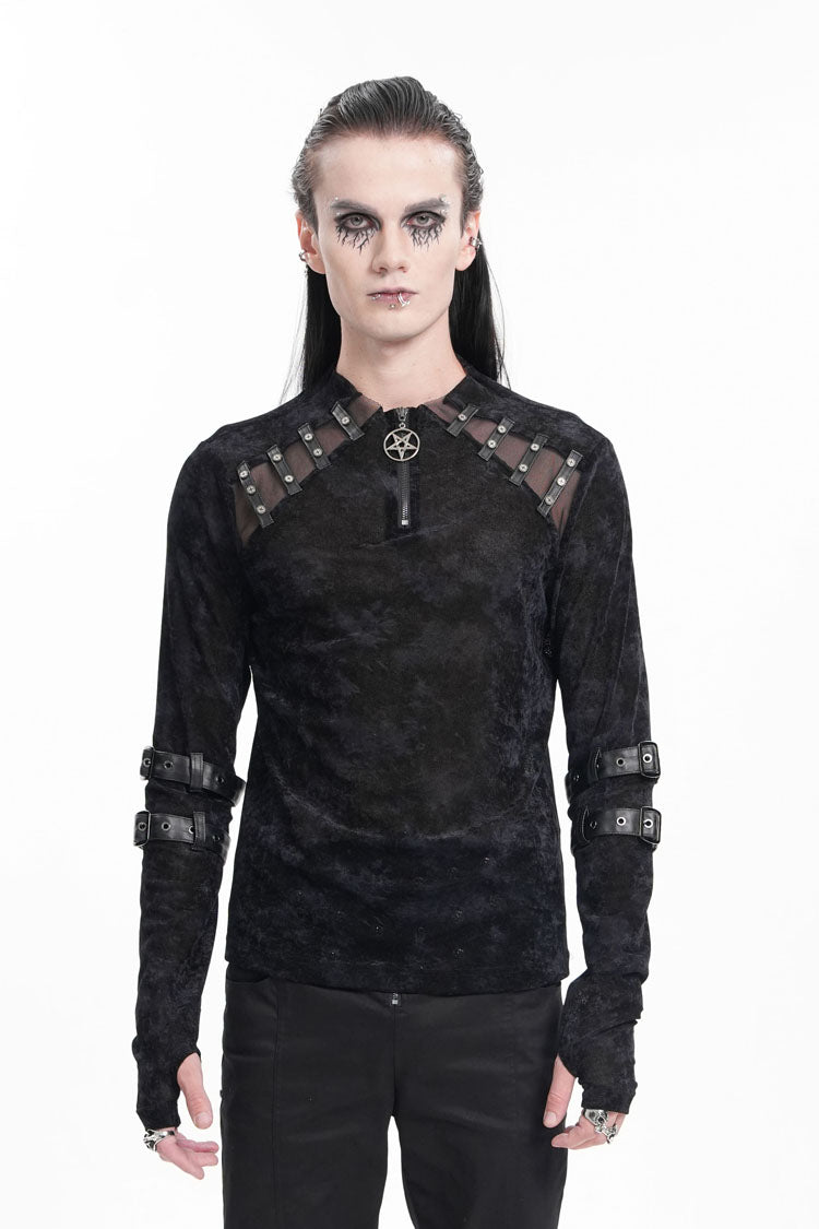 Black Round Collar Long Sleeves Buckle Star Studs Men's Gothic T-Shirt