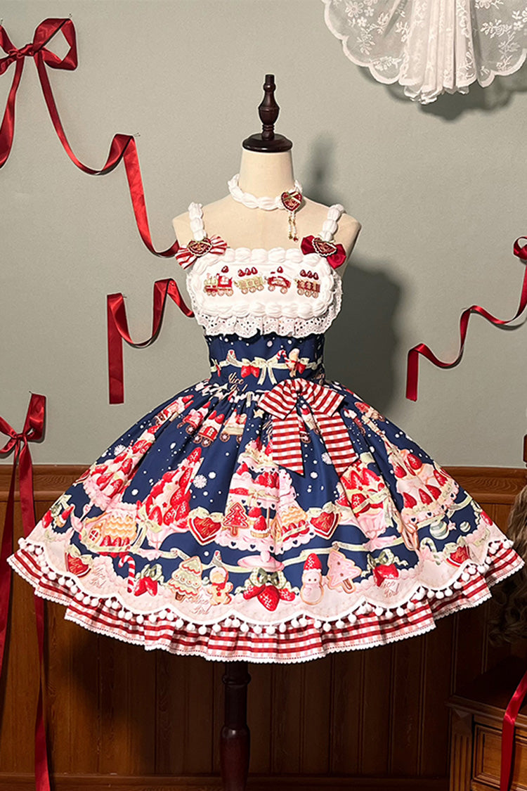 Mint Erdbeer Dessert Print Natürlich taillierte Rüschen Schleife Süßes Lolita JSK Kleid 4 Farben