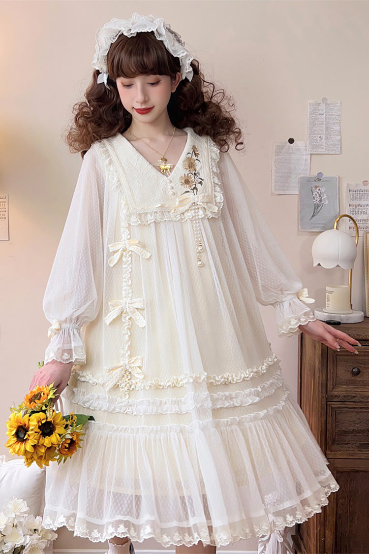 Ivory [Sunflower Diary] Long Sleeves Ruffle Embroidery Bowknot Lace Chiffon Sweet Princess Lolita Dress