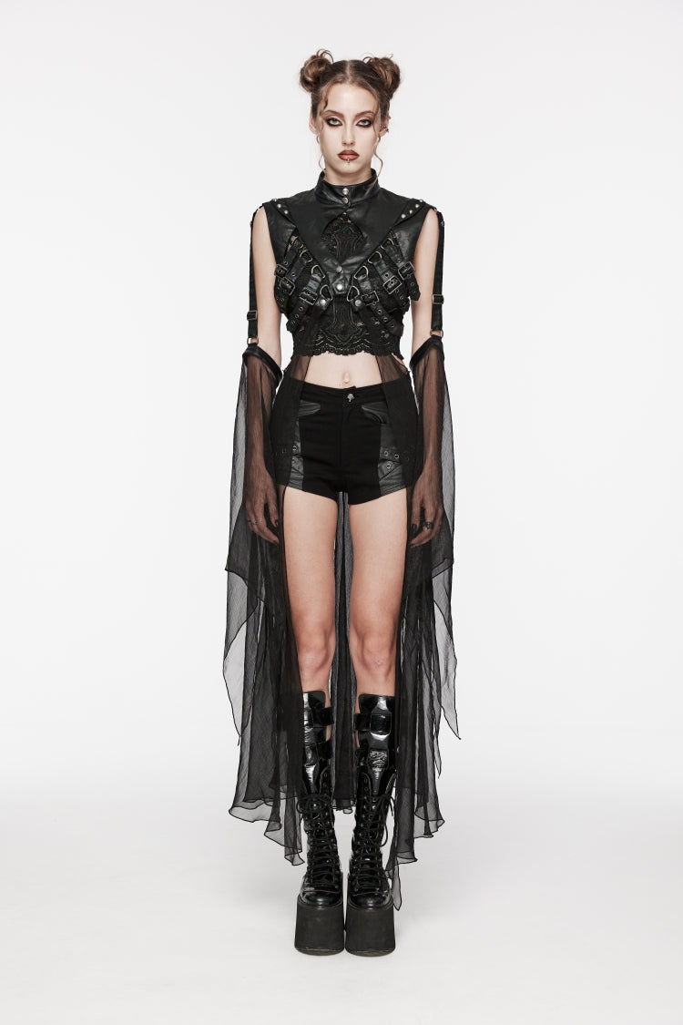 Black Stand Collar Sheer Women's Punk Removable Cape