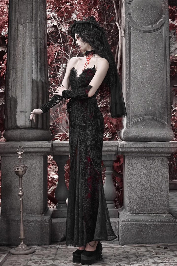 Black/Red [Scarlet Blood Peak] Sleeveless High Waisted Ruffle Embroidery Lace Gothic Lolita Fishtail Dress