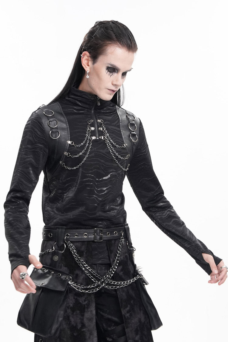 Black Chain Rings Stand Collar Long Sleeves Men's Gothic T-Shirt