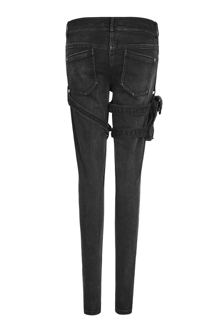 Black Removable Pocket Buttonhole Trim Skinny Stretch Denim Women's Punk Trouser