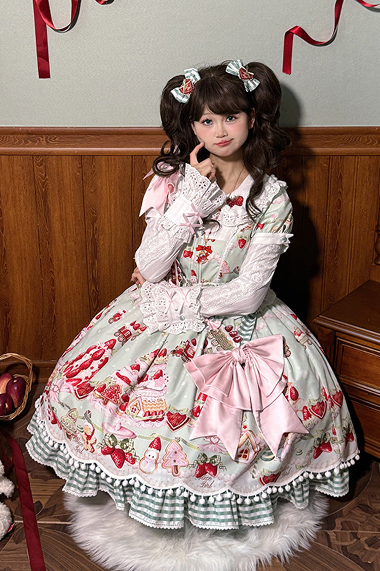 Mint Strawberry Dessert Doll Collar Short Sleeves Print Ruffle Bowknot Sweet Lolita Dress 4 Colors