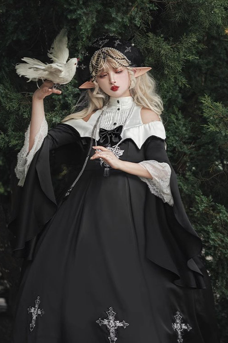 Schwarzes [Cross Nun] Stehkragen Off Shoulder Print Bowknot Gothic Elegantes Lolita Kleid