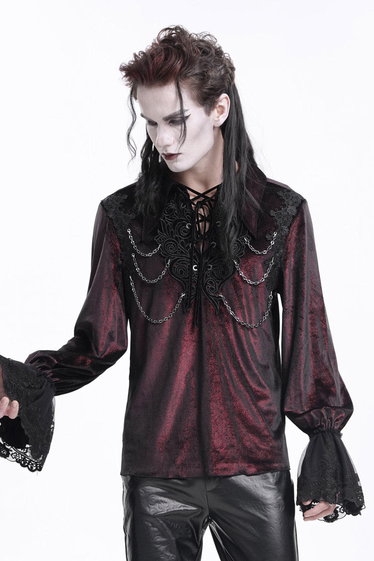 Wine Red V Collar Long Sleeves Lace-Up Chain Men's Gothic Blouse