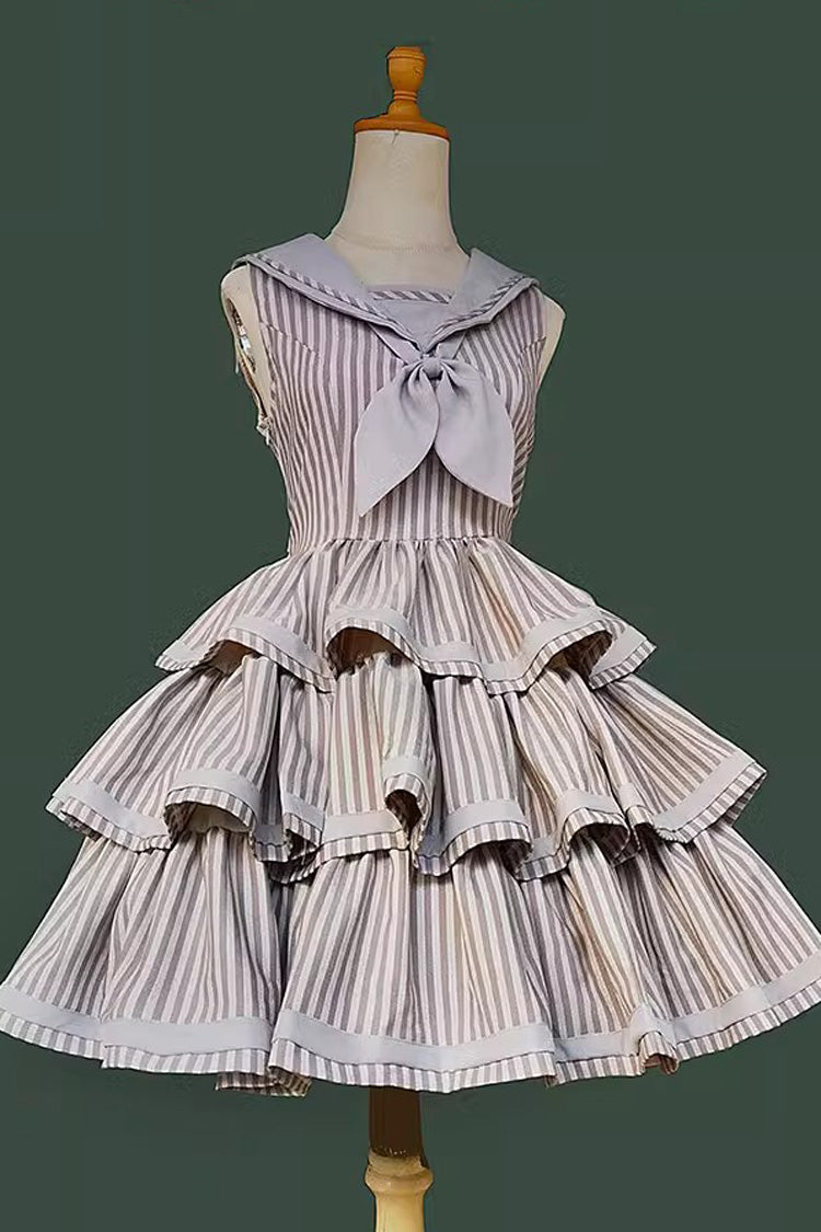 [From the Other Side] Sleeveless Triple-Layered Vertical Stripes Print Print Ruffle Bowknot Sweet College Style Lolita Jsk Dress