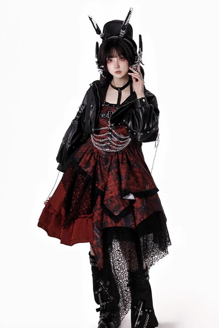 Red [Strawberries of Blood and Tears] Sleeveless Print Ruffle Bowknot Lace Asymmetric Gothic Lolita Jsk Dress