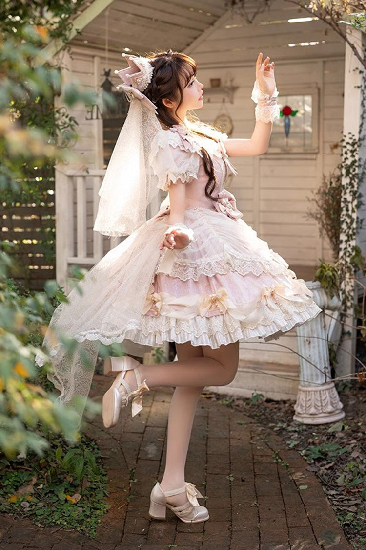 Pink [Girls' Day] Short Sleeves Multi-Layered Ruffle Bowknot Lace Sweet Lolita Dress 2 Versions