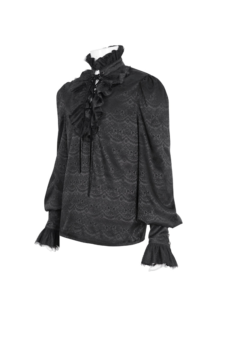 Schwarze Gothic-Bluse mit Stehkragen und langen Ärmeln aus Jacquard mit Rüschen für Herren