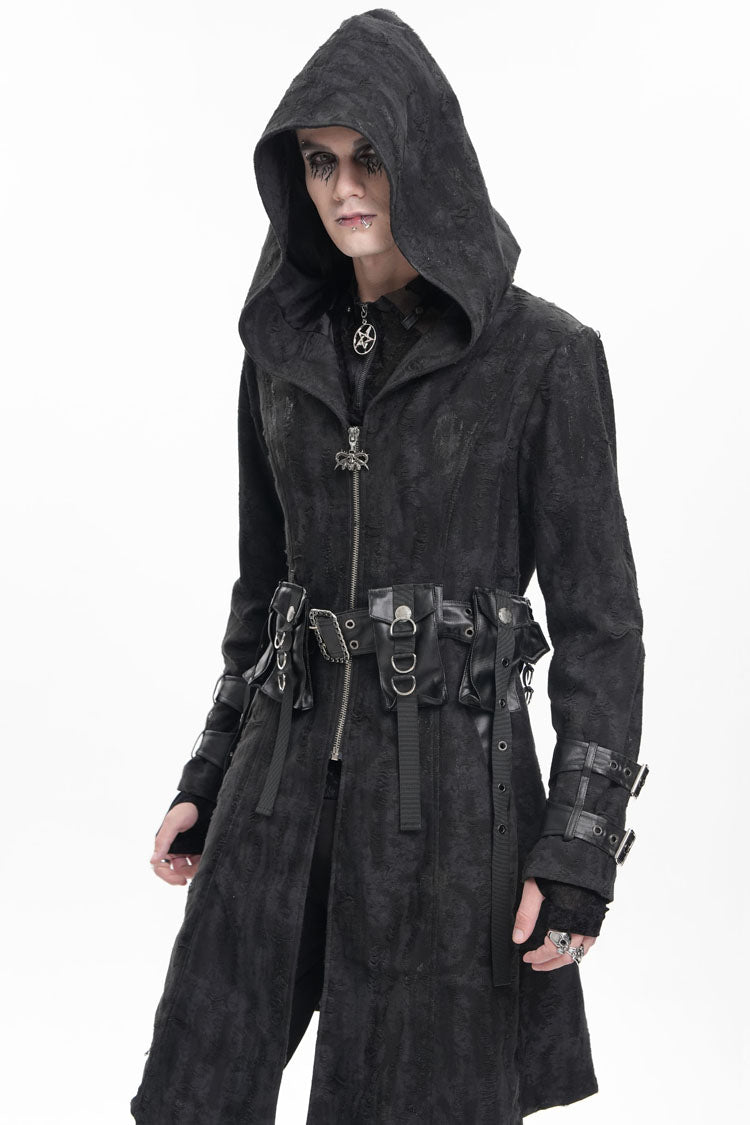 Black Buckle-up Eyelets Long Sleeves Hooded Men's Gothic Jacket