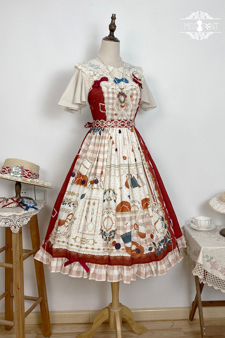 Red [Tea Party] Print Ruffle Bowknot Lace Sweet Elegant Lolita Jsk Dress