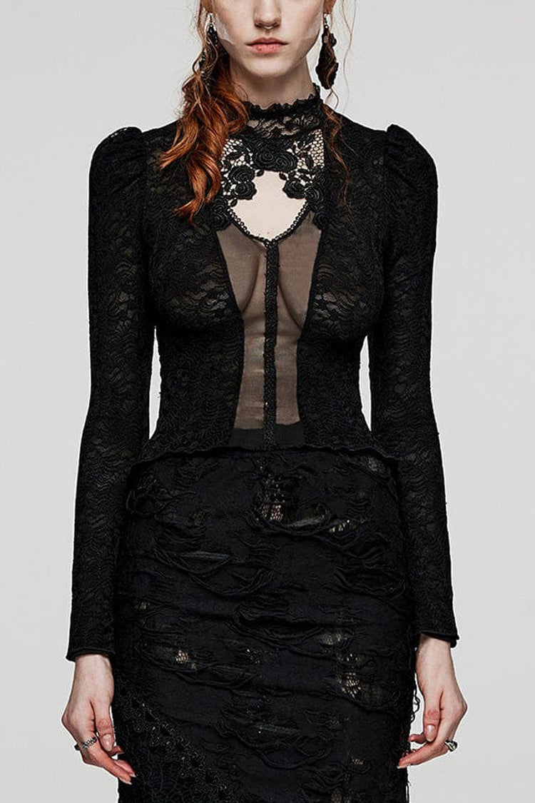 Black Rose Stand Collar Long Sleeves Print Lace Lace-Up Sheer Womens Gothic Blouse