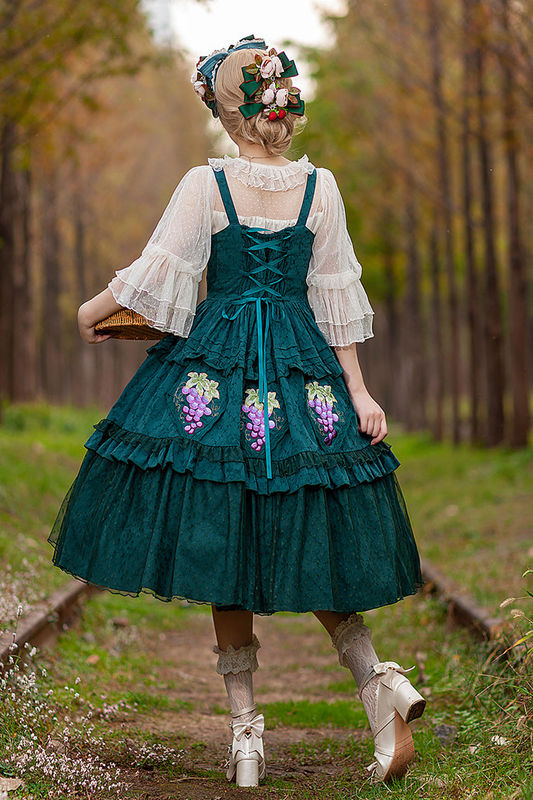 Green [Vineyard] Sleeveless Jacquard Print Ruffle Embroidery Sweet Lolita Jsk Dress