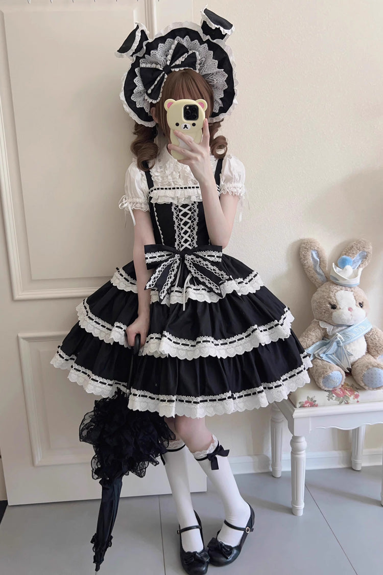 Black [Maiden Heart] Triple-Layered Ruffle Bowknot Lace Sweet Lolita Jsk Dress