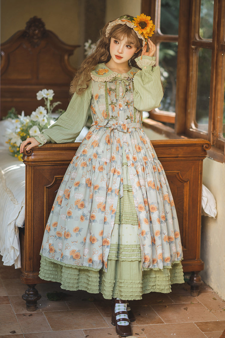 Green [Gardening Sunflower] Sleeveless Print Ruffle Bowknot Sweet Elegant Lolita Jsk Dress