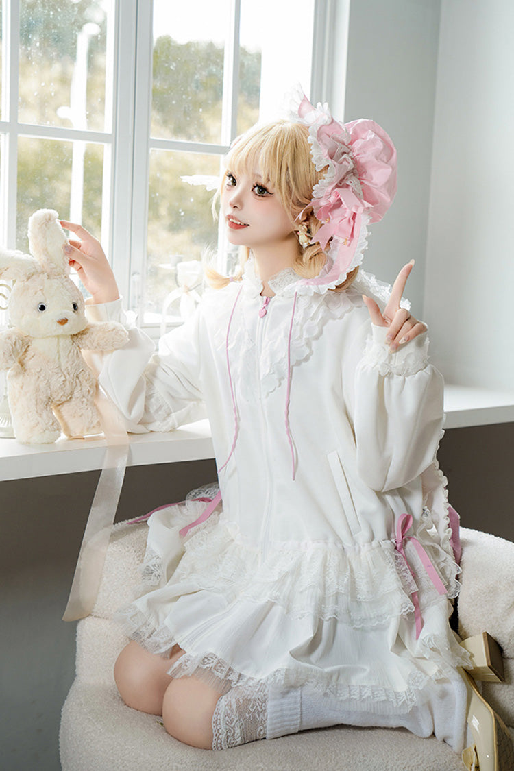 White Rabbit Ears Hooded Bowknot Lace Sweet Lolita Coat Set