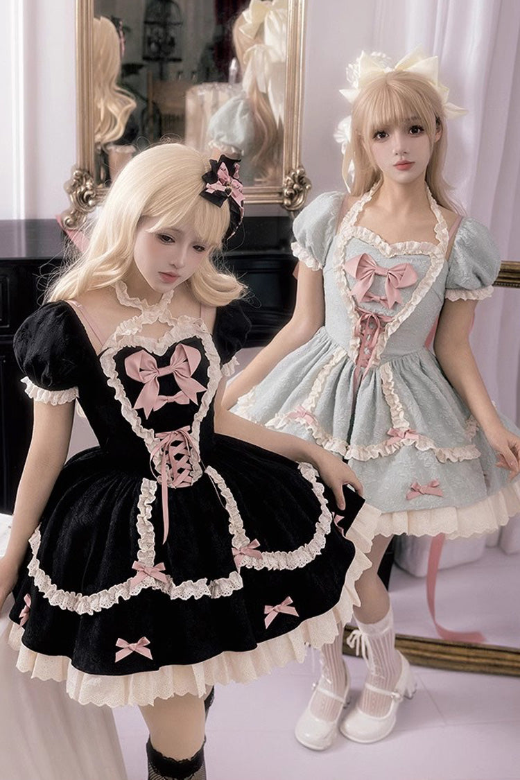 Heart-Beating Love Song Short Sleeves Ruffle Bowknot Lace-Up Sweet Lolita Dress 2 Colors