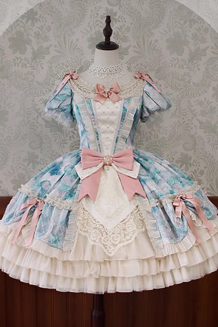 [Angel Heart Sky Oil Painting] Print Ruffle Cardigan Bowknot Sweet Princess Lolita Dress 3 Colors