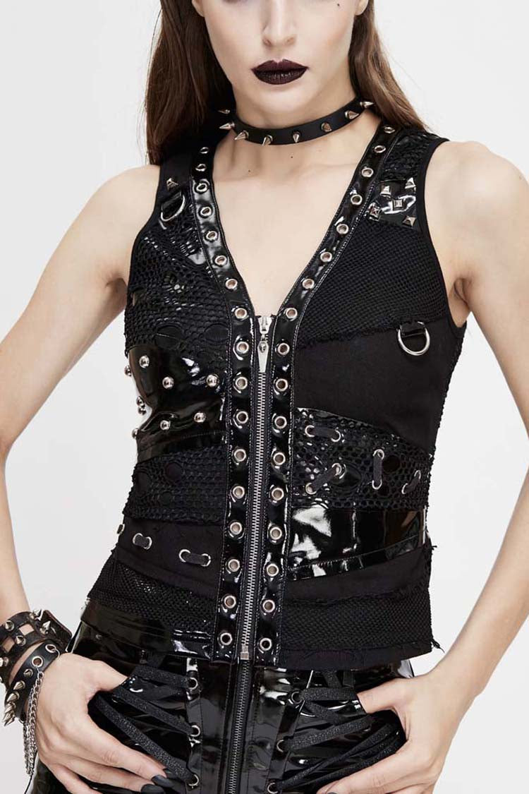 Black V Neck Splice Mesh Asymmetrical Design Heavy Metal Women's Punk Waistcoat