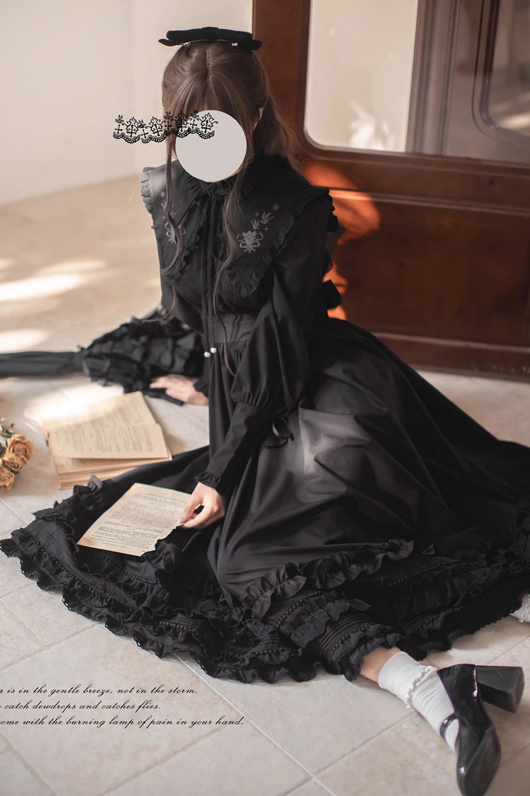 Schwarz [Wind Kissed Tulips] Lange Ärmel Rüschen Stickerei Bowknot Gothic Vintage Elegantes Lolita Kleid