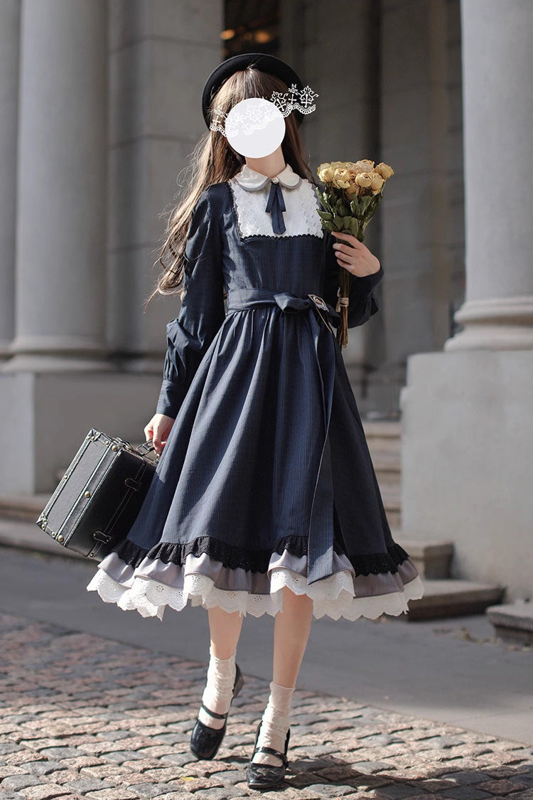 Dark Blue [Phyllis] Plaid Print Ruffle Bowknot Lace Vintage Elegant Lolita Dress