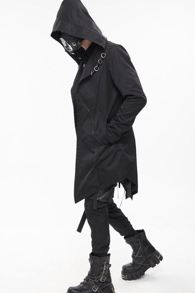 Black Punk Back Splicing Straps Design Windproof Fabric Daily Matching Hooded Casual Men's Coat