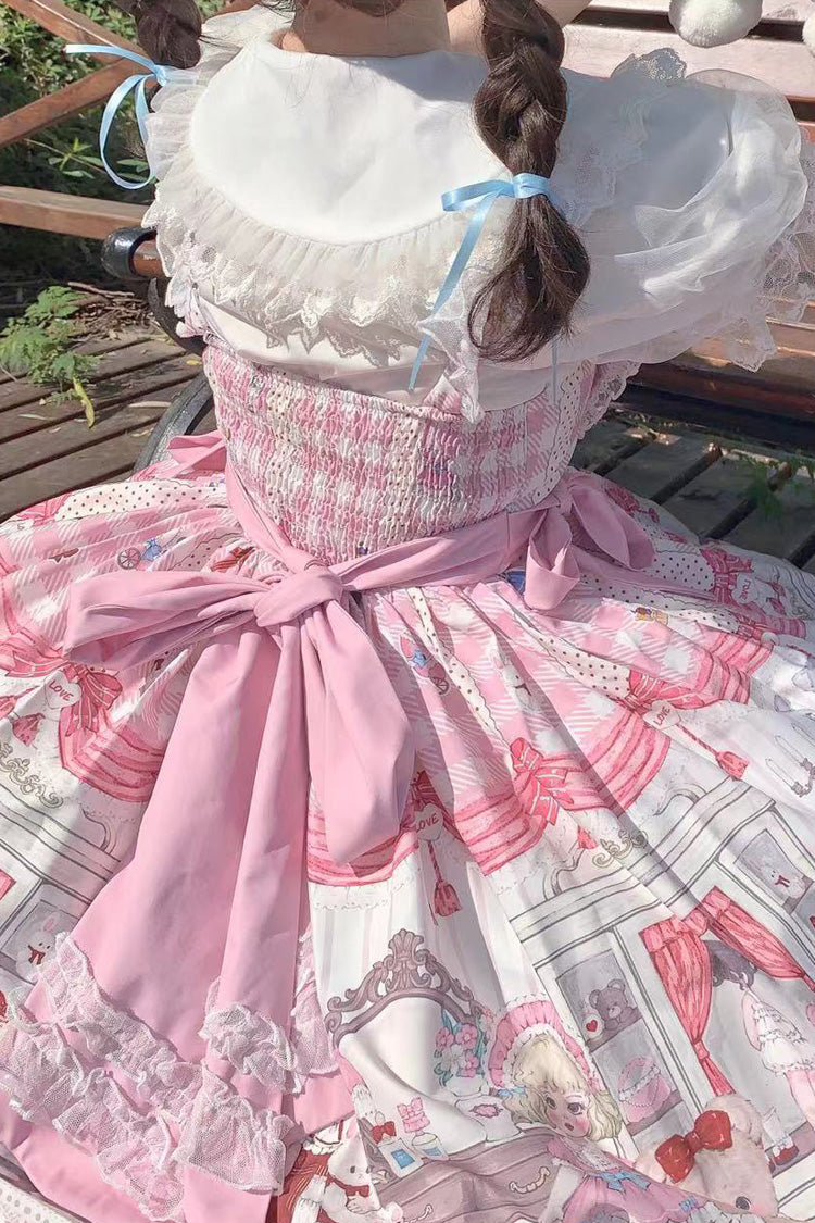 Pink Plush Bear and Doll Print Ruffle Bowknot Lace Sweet Lolita Jsk Dress