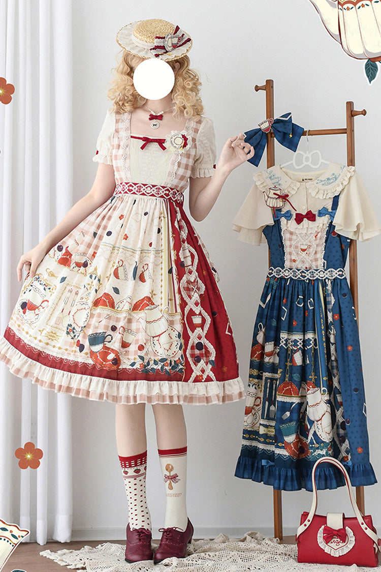 Red [Tea Party] Short Sleeves Print Ruffle Bowknot Lace Sweet Elegant Lolita Dress