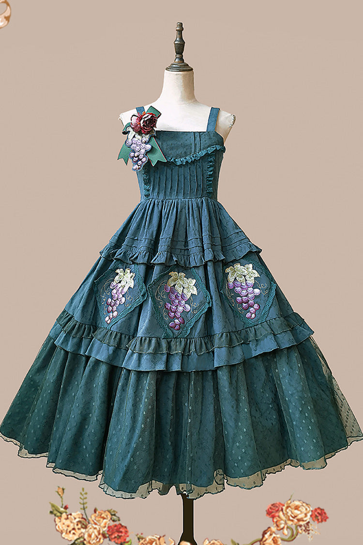 Green [Vineyard] Sleeveless Jacquard Print Ruffle Embroidery Sweet Lolita Jsk Dress