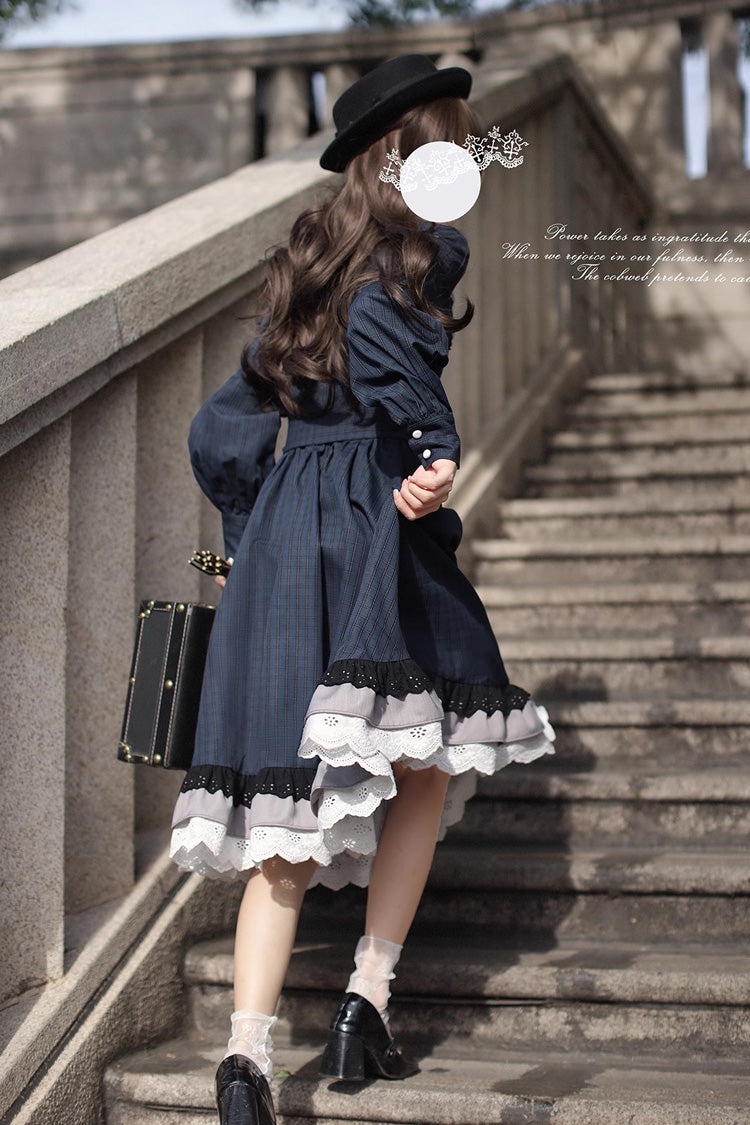 Dark Blue [Phyllis] Plaid Print Ruffle Bowknot Lace Vintage Elegant Lolita Dress