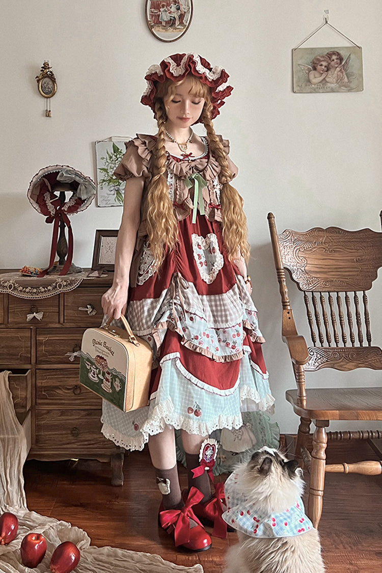 Süßes Lolita-Kleid mit mehrfarbigem Kirschdruck, kurzen Ärmeln, mehrlagiger Rüschenstickerei