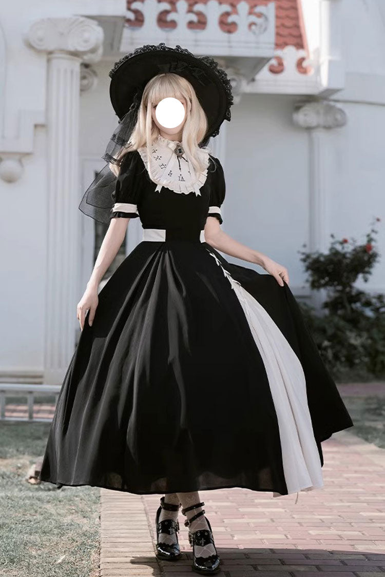 ブラック/ホワイトの半袖カラーブロック、取り外し可能な刺繍入りフェイクカラーのゴシックロリータドレス