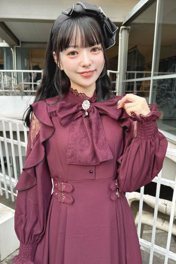 Rose Red Stand Collar Off Shoulder Long Sleeves Hollow Bowknot Slim Jirai Kei Japanese Dress