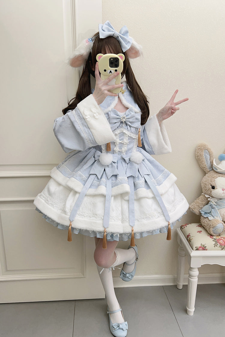 Blue [Snow Rabbit] Long Sleeves Ruffle Bowknot Fake Two Pieces Sweet Lolita Dress