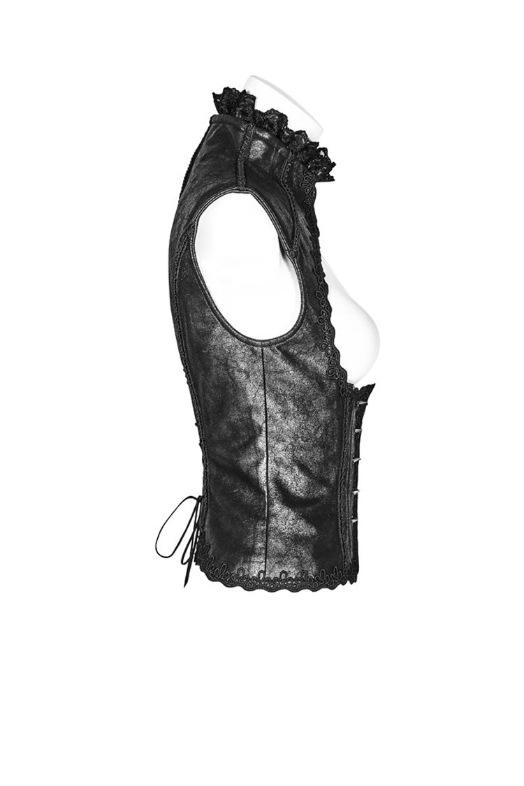 Black Back Waist Lace Up High Collar Front Metal Rivet Chest Hollow-Out Women's Punk Floral Vest