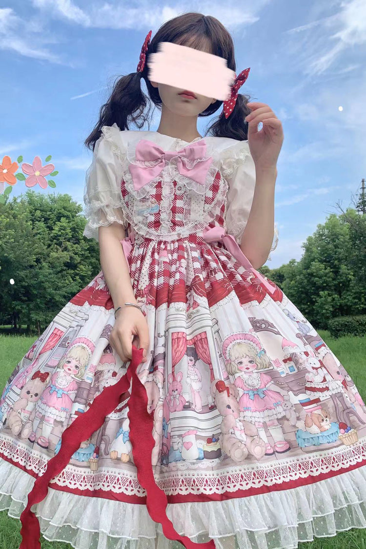 Red Plush Bear and Doll Print Ruffle Bowknot Lace Sweet Lolita Jsk Dress