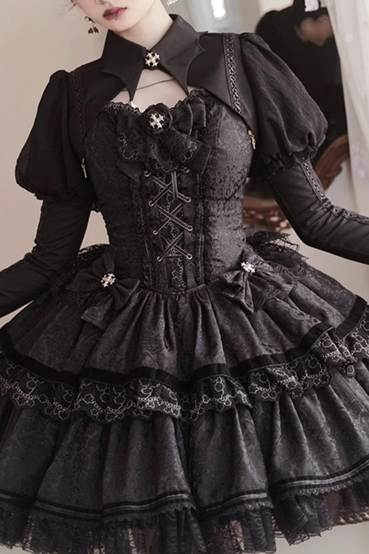 Schwarzes doppellagiges Gothic-Ballett-Lolita-JSK-Kleid mit Rüschenspitze