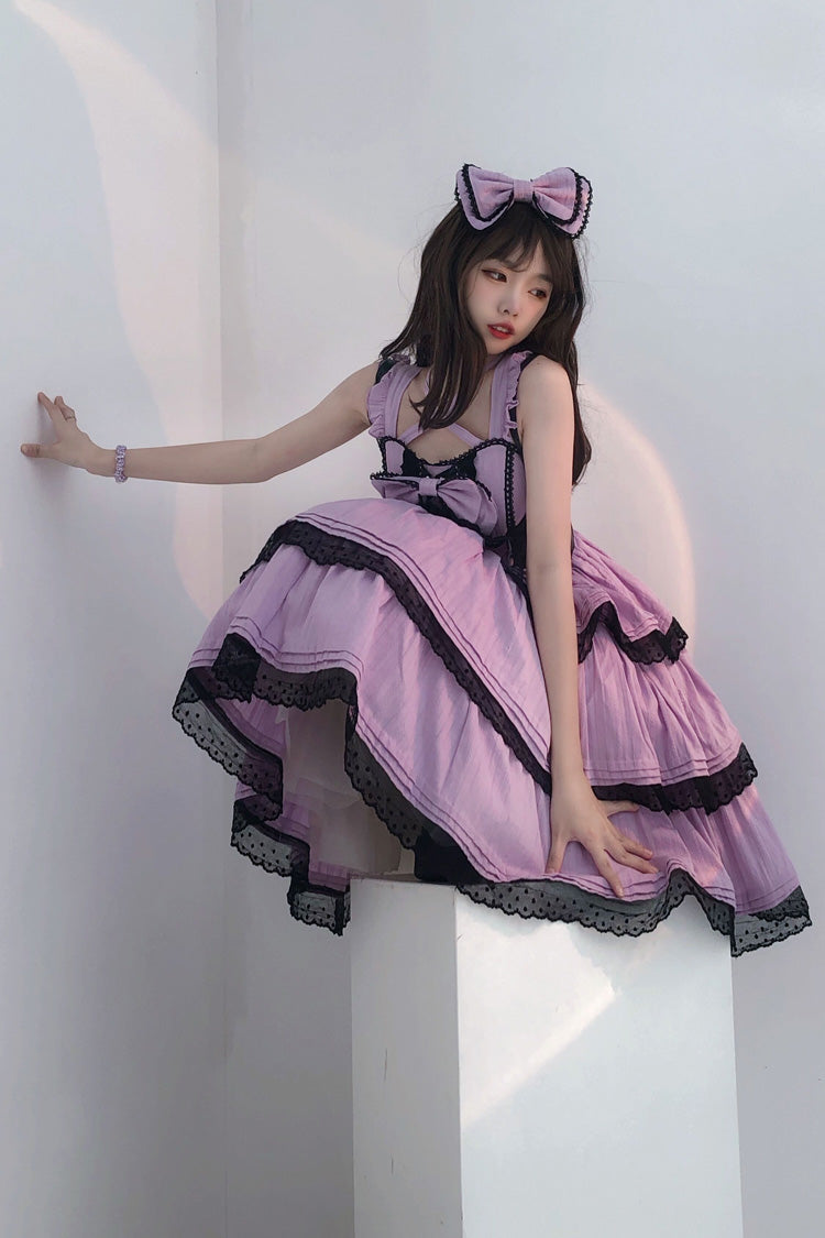 Lilafarbenes, süßes Lolita-JSK-Kleid von First Love mit Rüschen, Schleife und Spitze