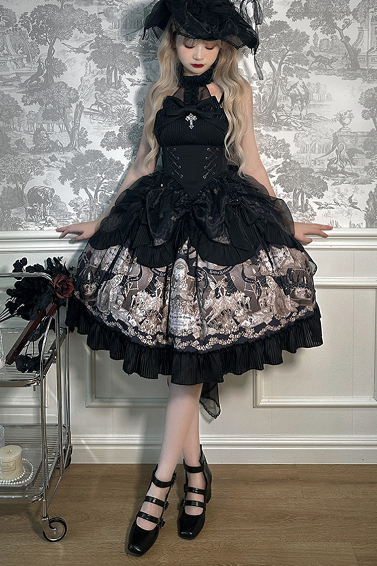 Black [The Mystery of The Doll] Halterneck Print Ruffle Bowknot Drawstring Gothic Lolita Dress