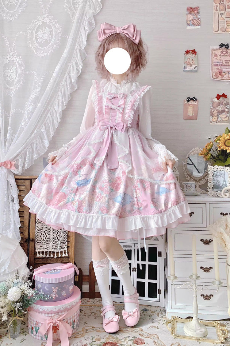 Rosa ärmelloses Lolita JSK Kleid mit hoher Taille und Kaninchen-Print, Rüschen und Schleife