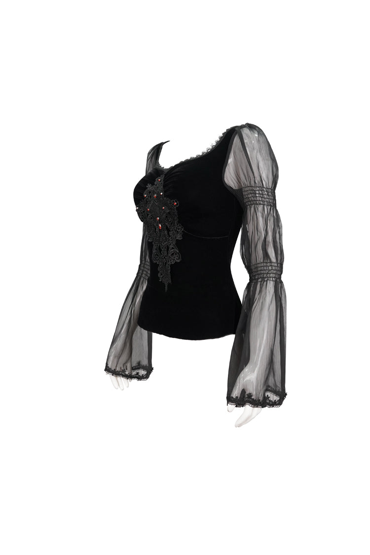 Schwarzes Chiffon-T-Shirt mit langen Ärmeln aus Samt und Applikationen auf der Brust mit blutroten Rauten für Damen im Gothic-Stil