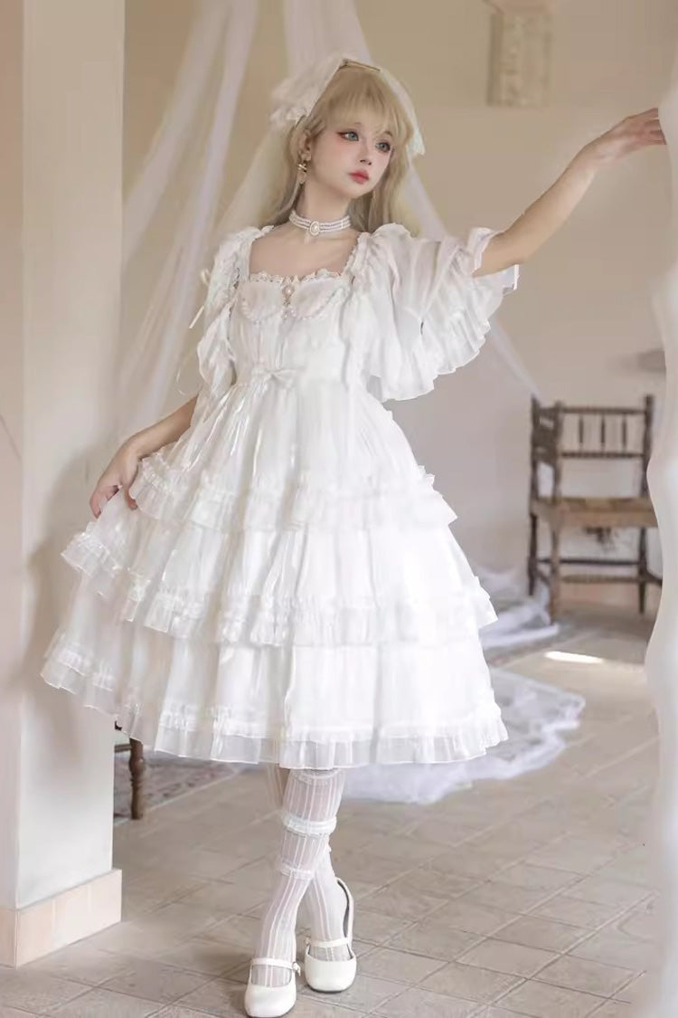 White Star Gauze Romance Multi-layer Ruffle Bowknot Sweet Elegant Princess Lolita Jsk Dress