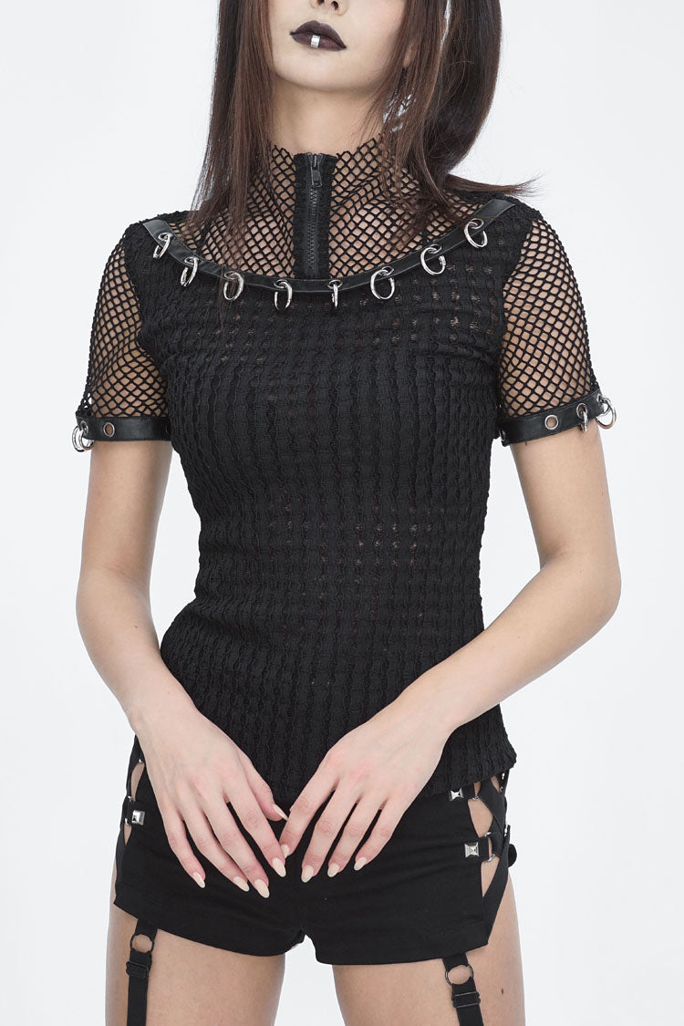 Black Mesh Rings Short Sleeved Womens Punk Top