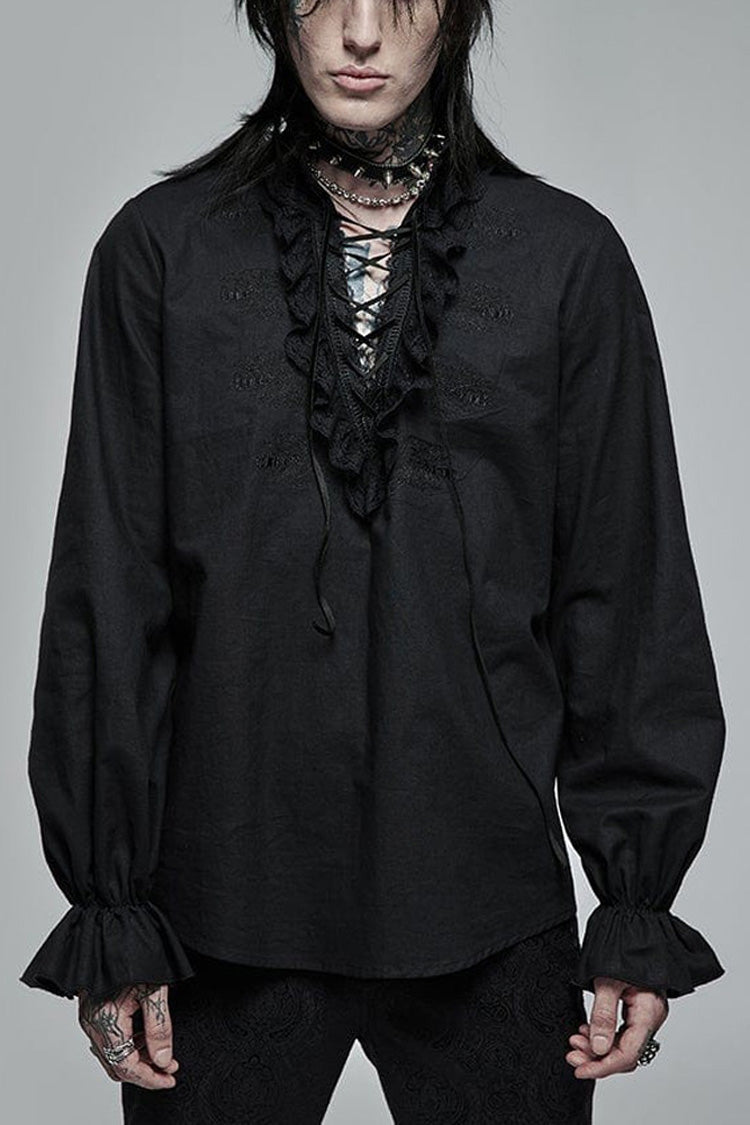 Black Gothic Pure Cotton No Elasticity Neckline Pleats Lace Ruffle Embroidery Tie Rope Design Men's Shirt