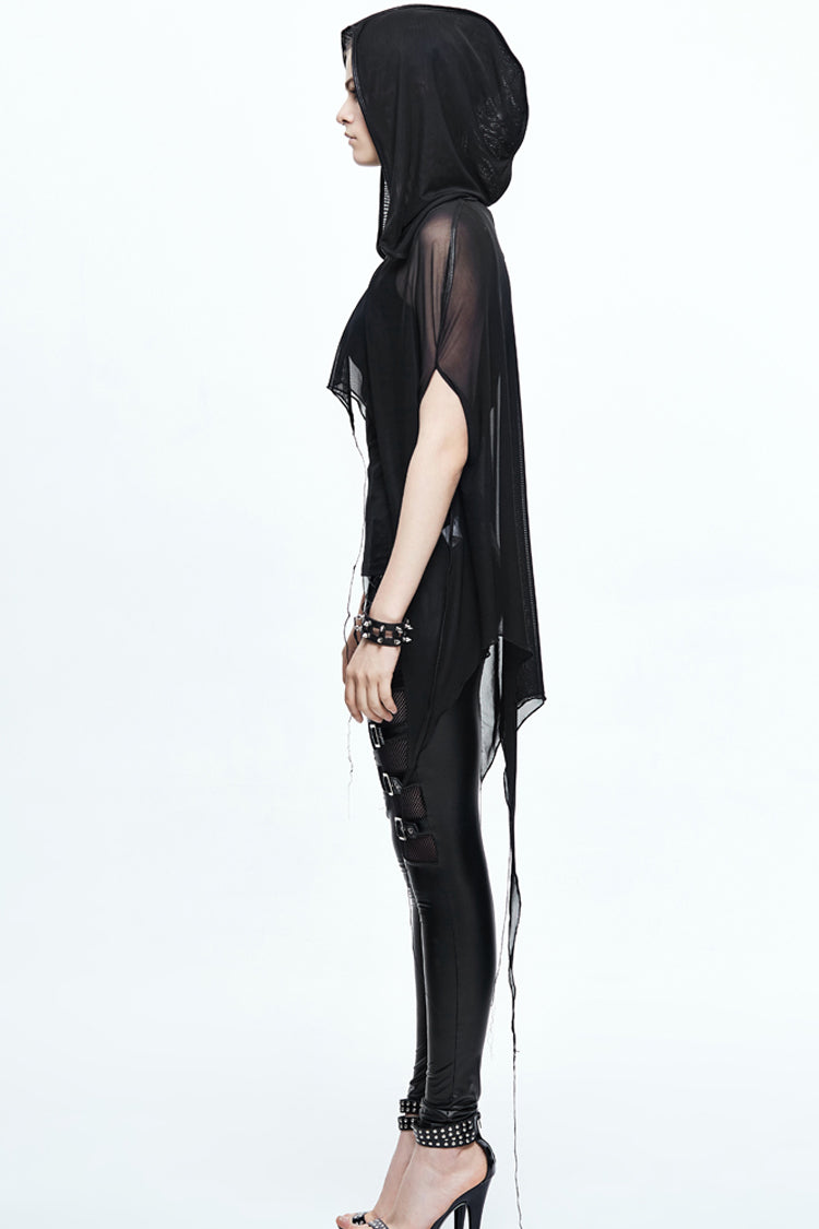 Black Mesh Wavy Sideline Long Women's Punk Hooded Bat Shawl