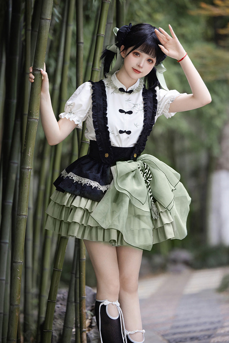 Black/Green Multi-Layered Bamboo Leaves Print Ruffle Bowknot Sweet Chinese Style Lolita Skirt Set